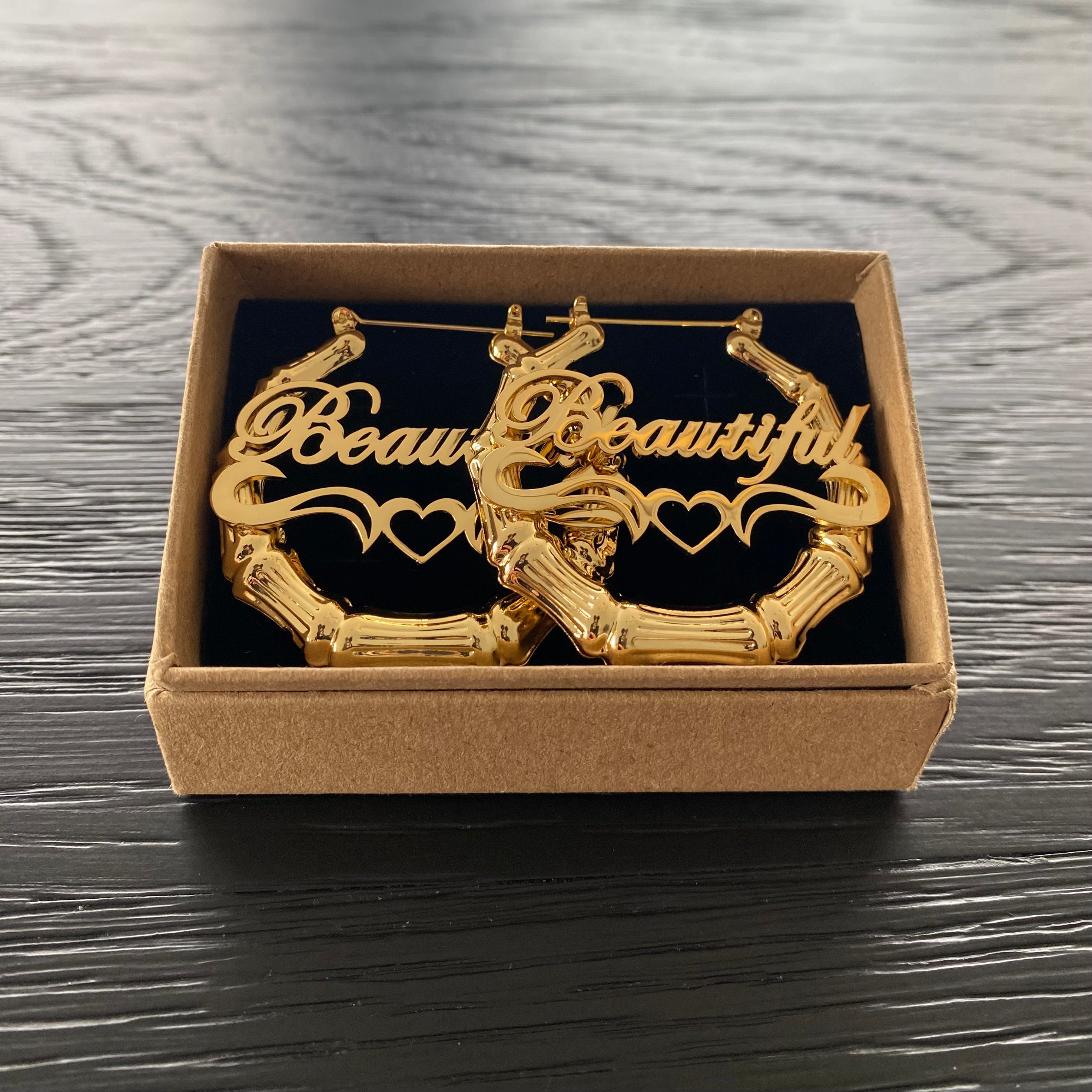 Medium Size Gold Plated Bamboo Name Earrings 'Beautiful'